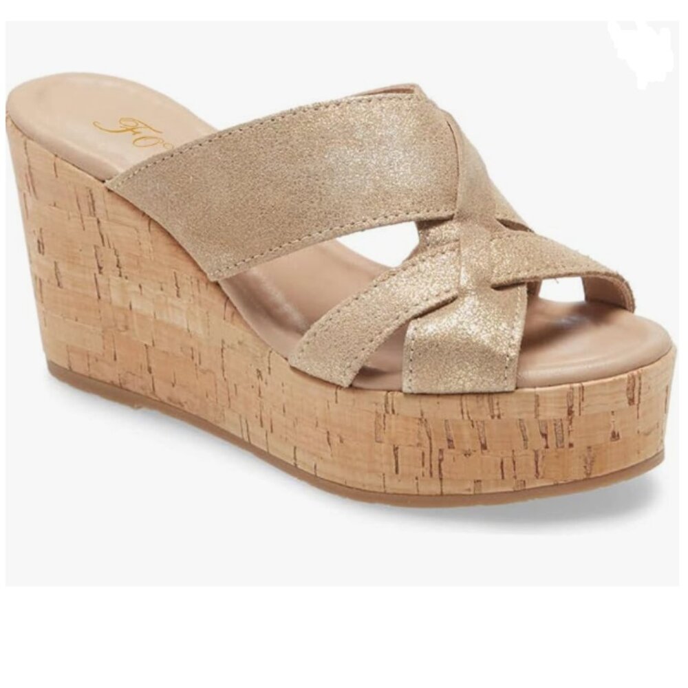 FOWT Gold Cork Wedge Sandals Cross Strappy High Platform Open Toe Slippers